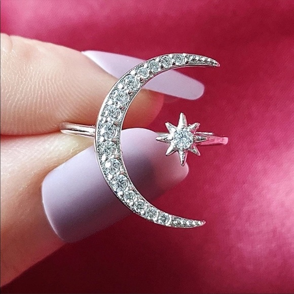 ADJUSTABLE 925 SILVER DIAMOND STAR MOON RING - Picture 5 of 8